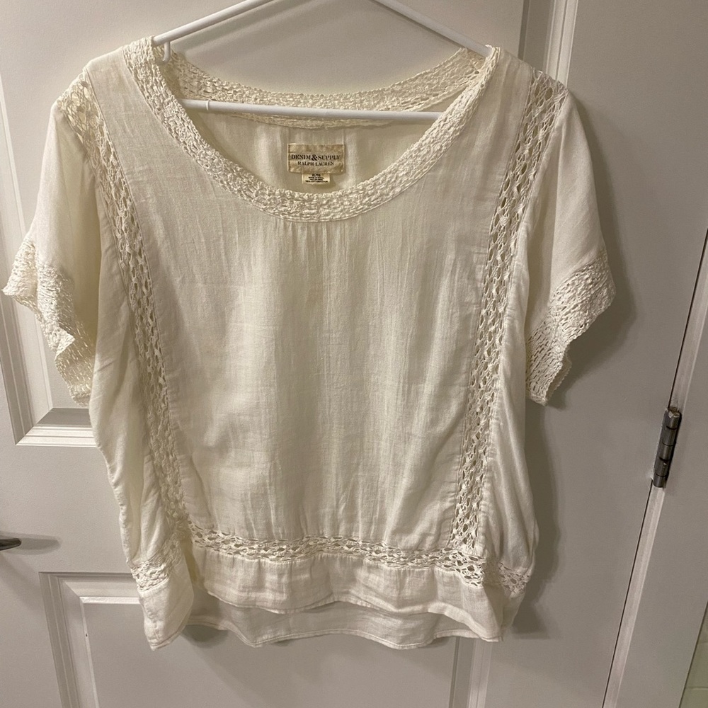 Ralph Lauren white loose cotton top with crochet detailing.